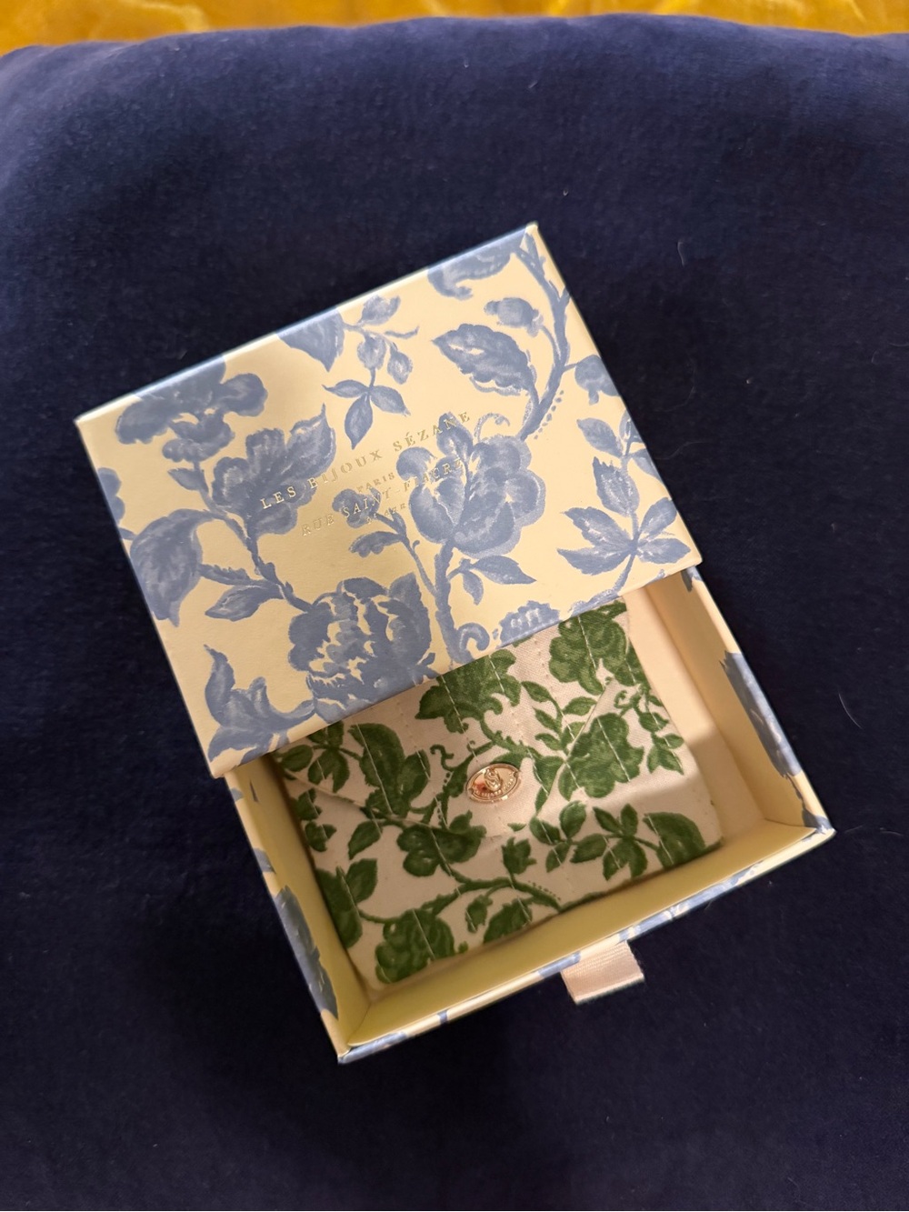 Sezane Green floral pouch and blue floral Cream Box